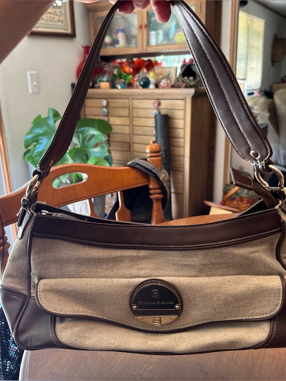 Etienne Aigner Beige Canvas and Brown Leather Shoulder Bag